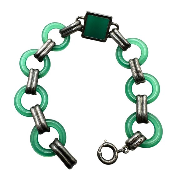 VIntage Napier Sterling Silver Green Czech Glass Bracelet 6.5 Inch - Picture 2 of 5